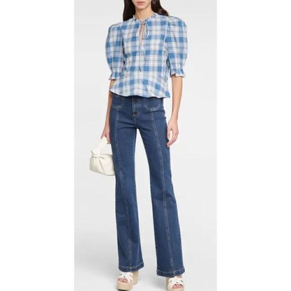 Polo Ralph Lauren Cotton Blue & White Checked Top NWT Size 12 - Picture 1 of 9